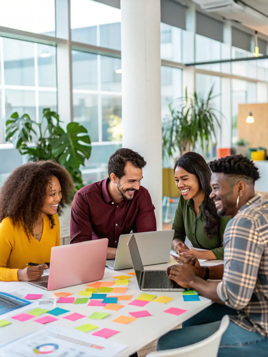 A photograph of a diverse group of people brainstorming ideas around a table covered with colorful sticky notes and event-related materials.