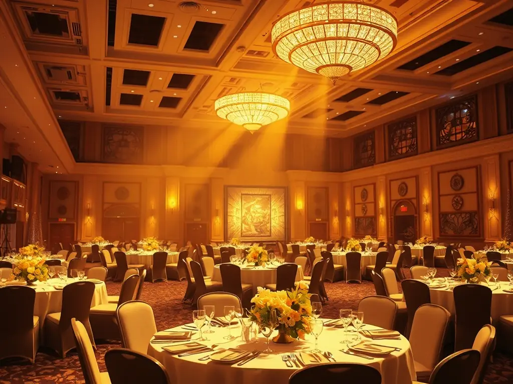 A vibrant photo of a decorated event space with vendors setting up and coordinating behind the scenes, illustrating the Vendor Coordination service.