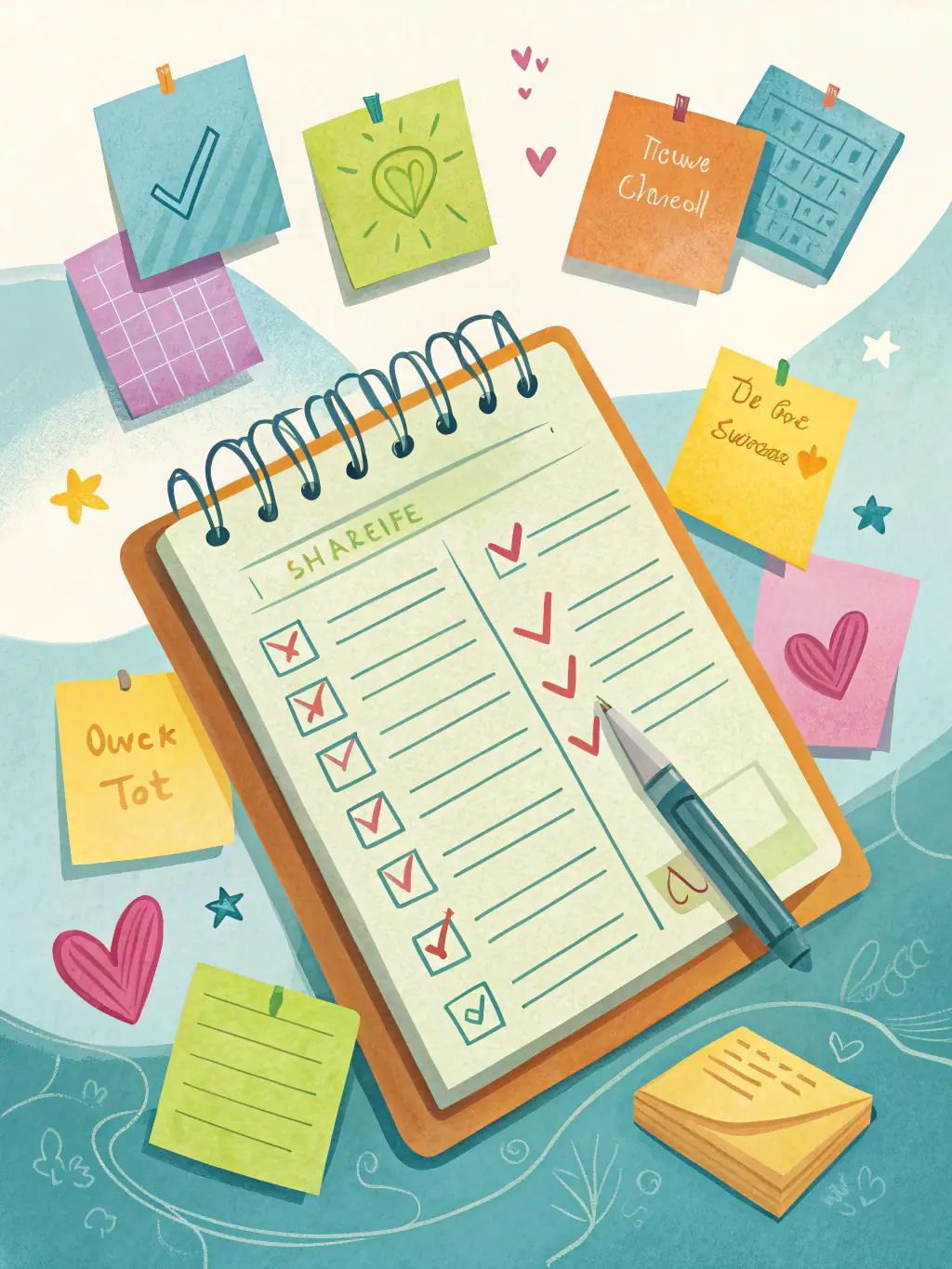 A brightly lit image of a detailed event planning checklist with a pen marking off completed tasks, set against a backdrop of festive decorations.